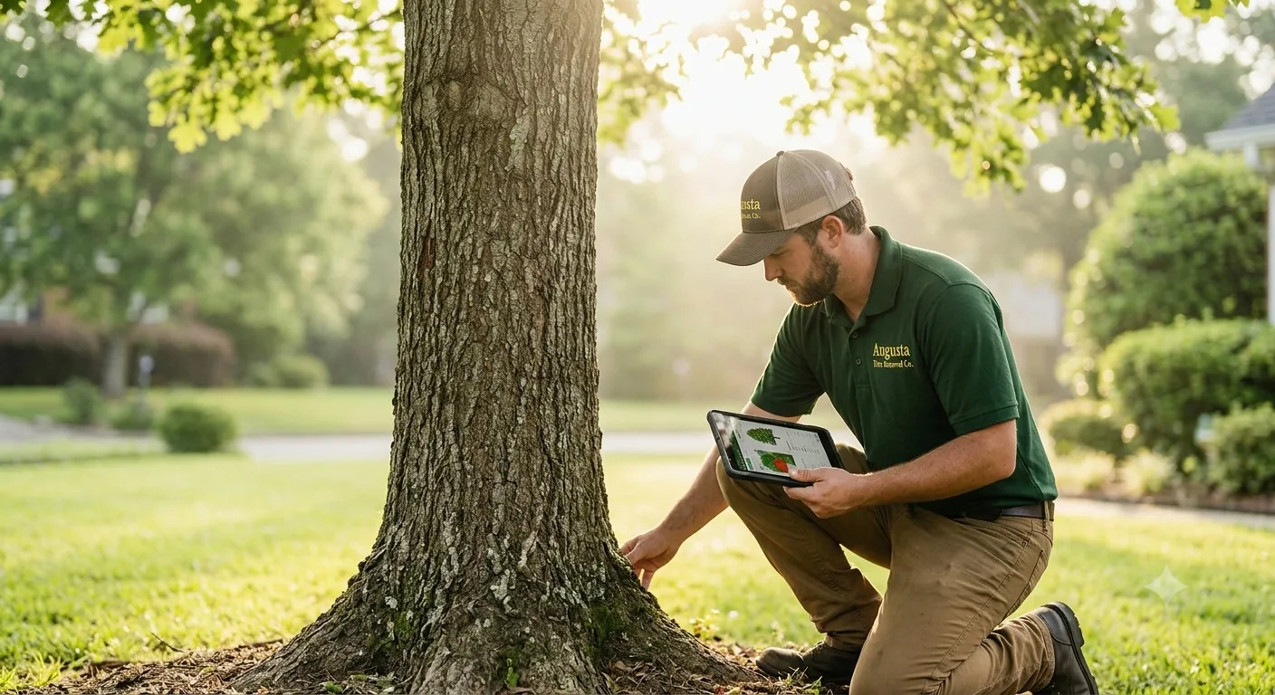 ISA certified arborist assessing diseased tree health in Augusta Georgia suburban neighborhood