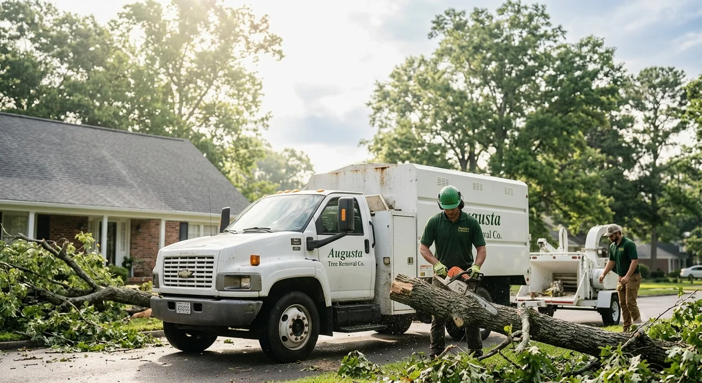 Augusta Tree Removal Co. emergency crew cutting storm-fallen tree from Augusta GA driveway