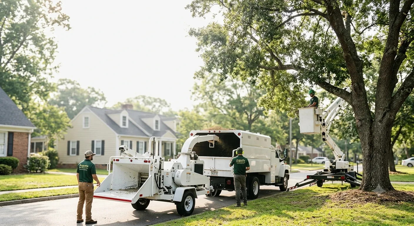 Augusta Tree Removal Co. crew with bucket truck removing large oak tree in Augusta GA