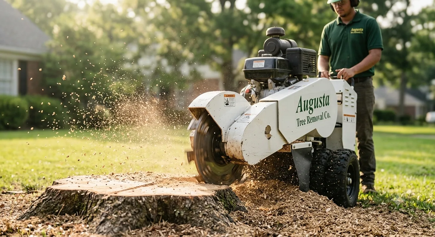 Augusta Tree Removal Co. stump grinder removing large pine stump in Augusta Georgia backyard