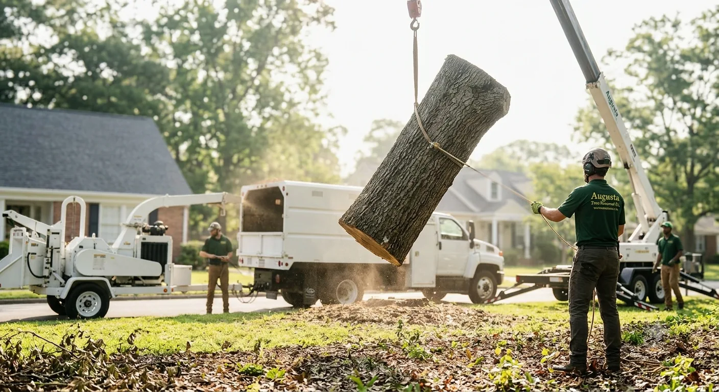 Augusta tree removal crew using crane for large oak removal in Augusta GA Richmond County