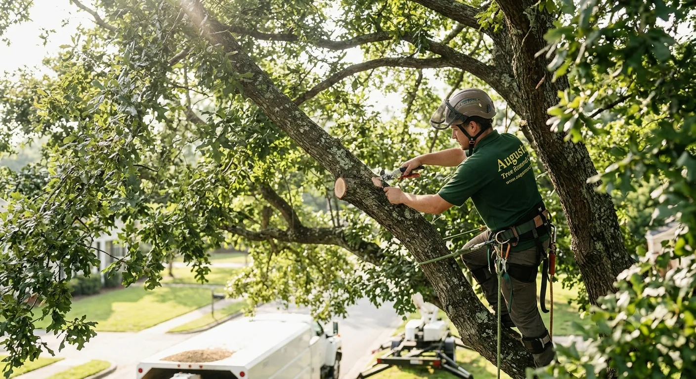 Certified arborist trimming oak tree branches with rope and saw in Augusta GA neighborhood